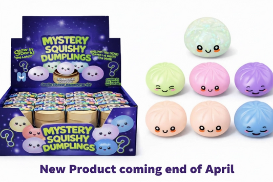 Mystery Squishy Dumplings packaging with colorful dumpling toys on a white background