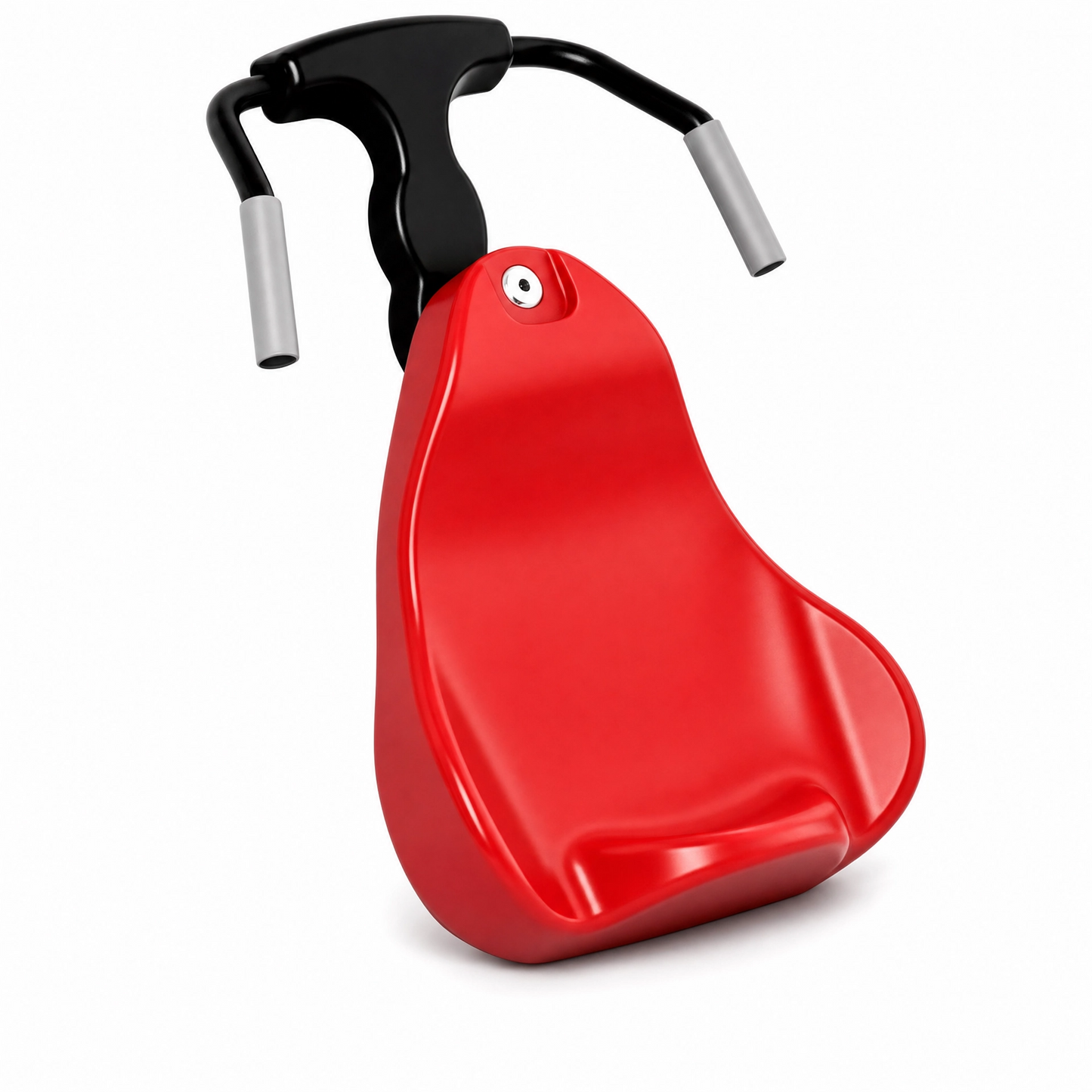 Red gliding swing car with black handlebar and grey grips on a white background