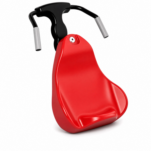 Red gliding swing car with black handlebar and grey grips on a white background