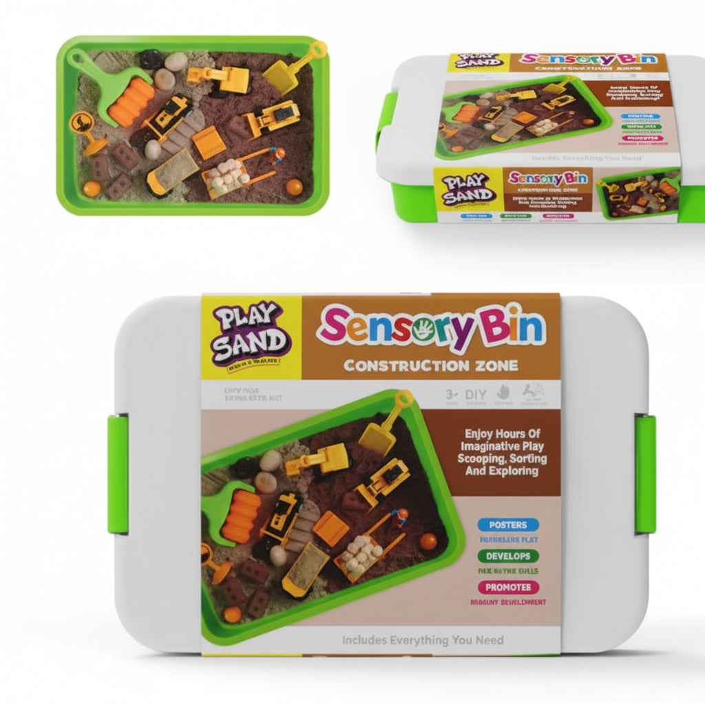 Sensory bin with construction-themed play sand and toys on a white background