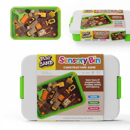 Sensory bin with construction-themed play sand and toys on a white background