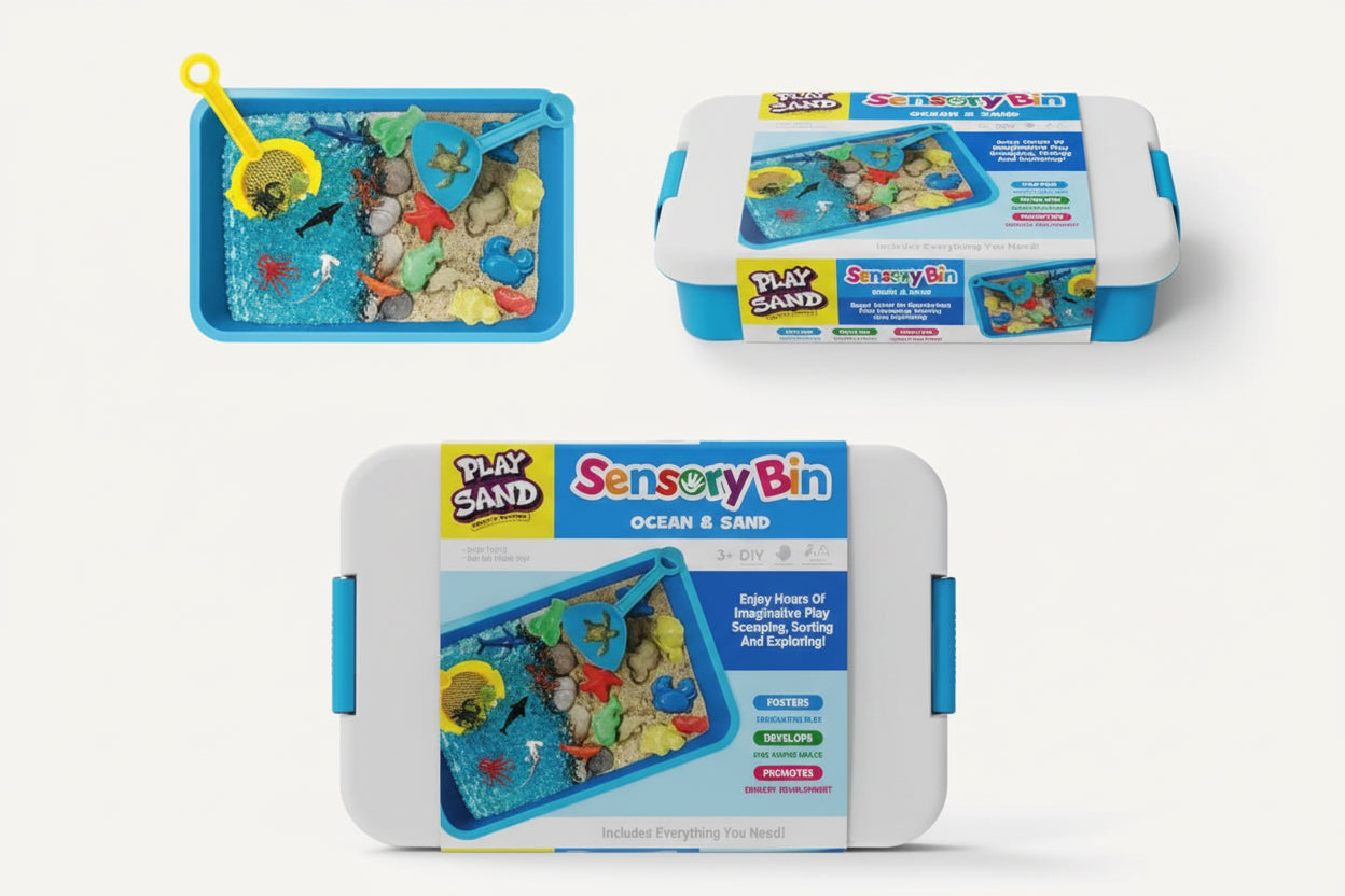 Sensory bin with play sand and toys, including a lid and packaging.