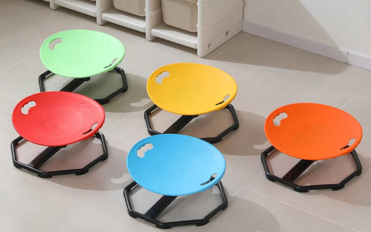 360 degree sensory spinning chairs for kids in blue, red, yellow, green and orange