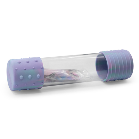 Clear tube with purple silicone sleeves on a white background