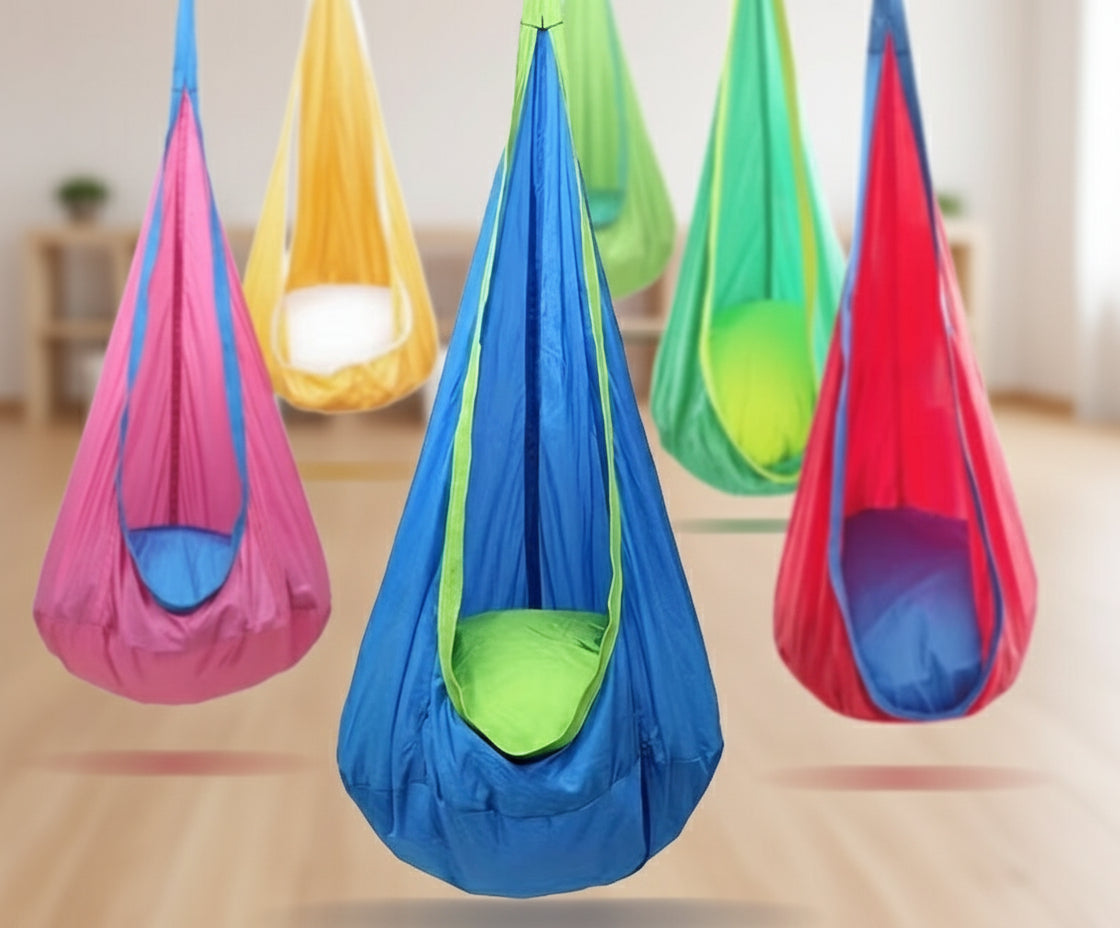 Colorful hanging sensory swings in various colors on a white background