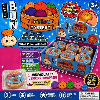 Squishy Bun Mystery packaging with colorful buns and packaging design.