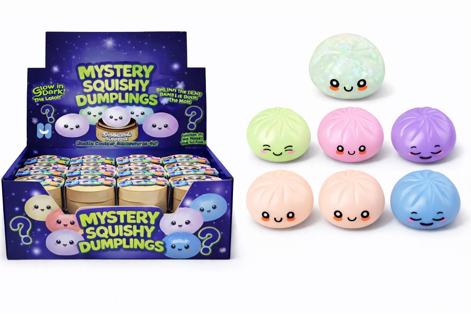 Box of Mystery Squishy Dumplings with colorful dumpling-shaped squishies in front
