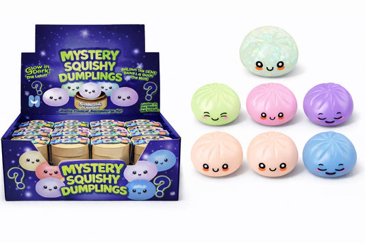 Box of Mystery Squishy Dumplings with colorful dumpling-shaped squishies in front