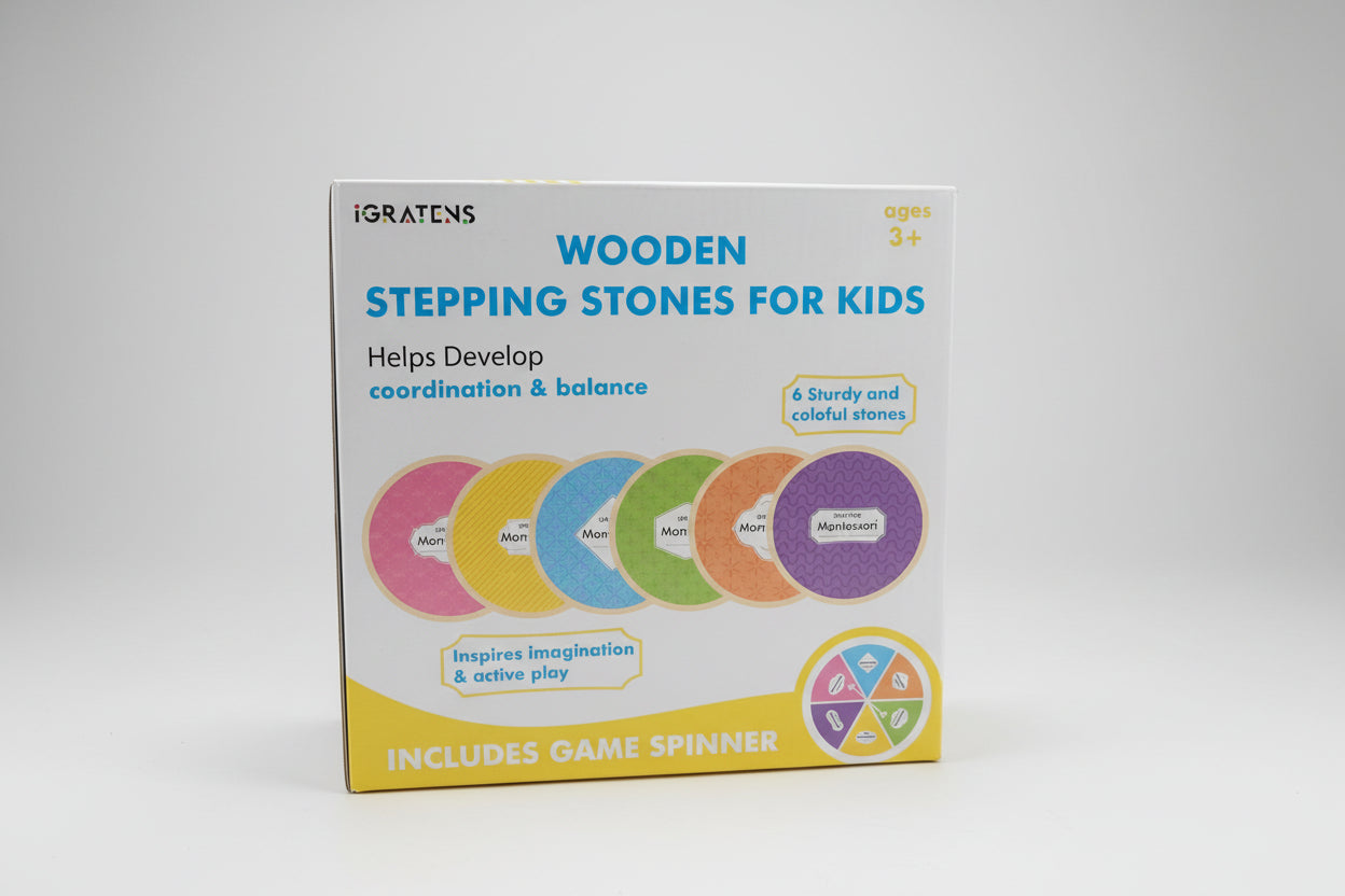 Box of iGratients wooden stepping stones for kids on a wooden surface.