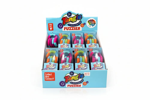 Display box of Jr. Tangle Fuzzies toys with colorful packaging.
