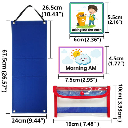 Hanging chart with educational illustrations and dimensions